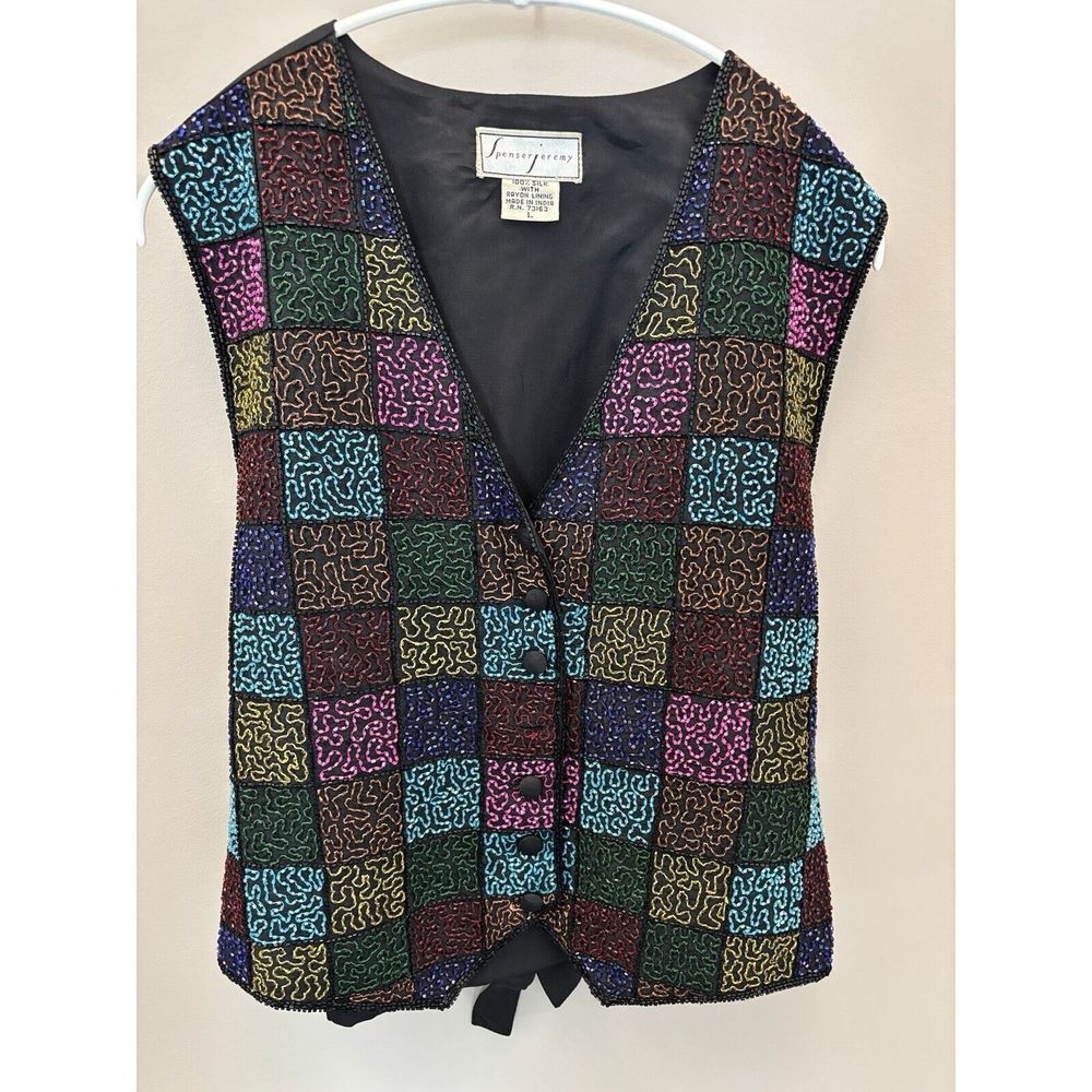 Spenser Jeremy Vintage Multicolor & Blk Beaded Sequin Embellished 100% Silk Vest - Picture 10 of 15
